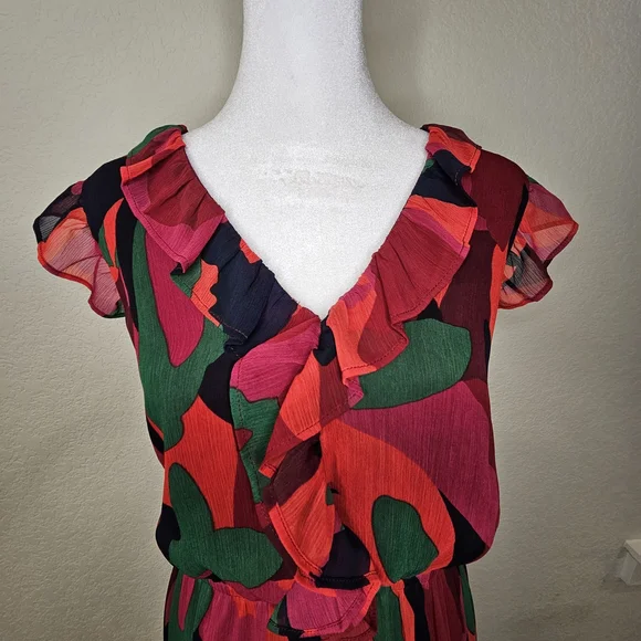 Banana Republic Red, Bergundy, Green Flutter Midi Dress - Picture 3 of 8